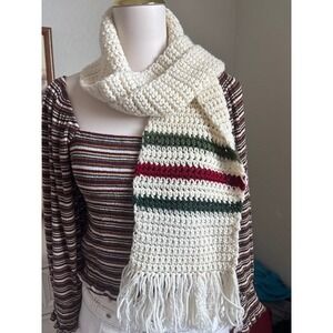 Hand Knit Crochet Scarf Winter Chunky Fringe Striped Ivory Red Green autumn